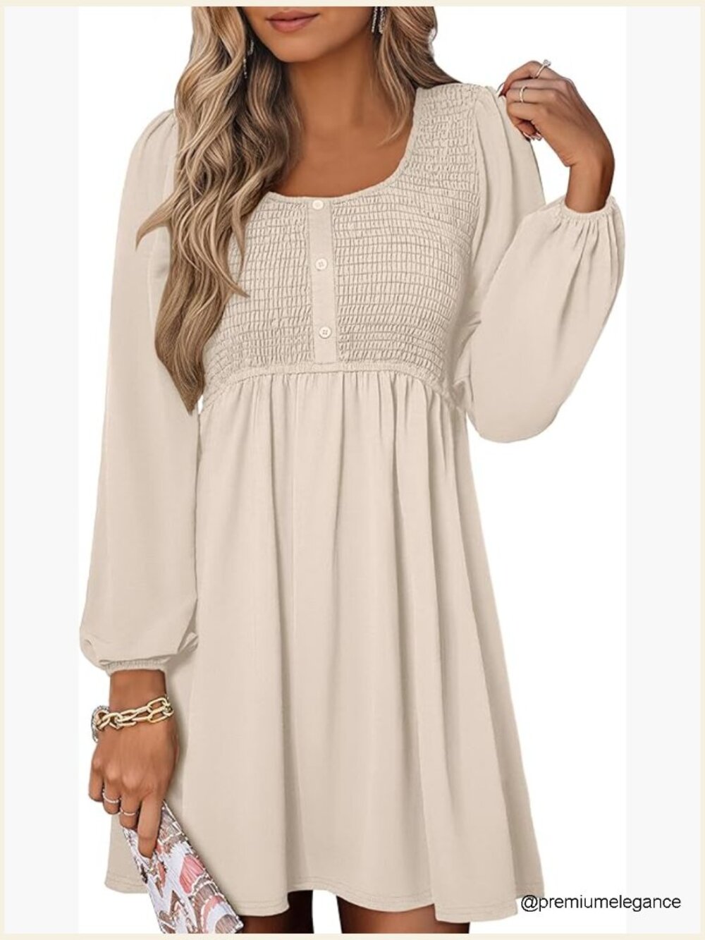 Long Lantern Sleeve Smocked Dress with Pockets High Waist Flowy Casual